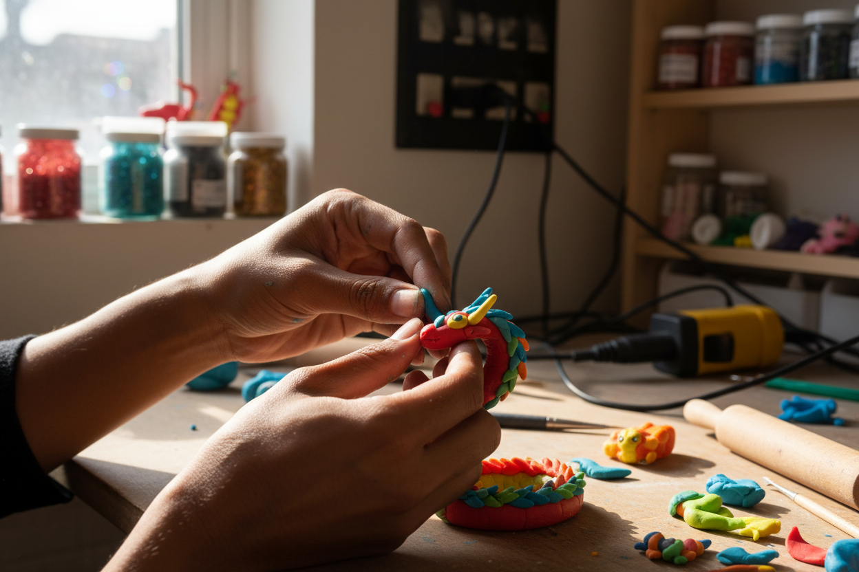 brown hands sculpting polymer clay