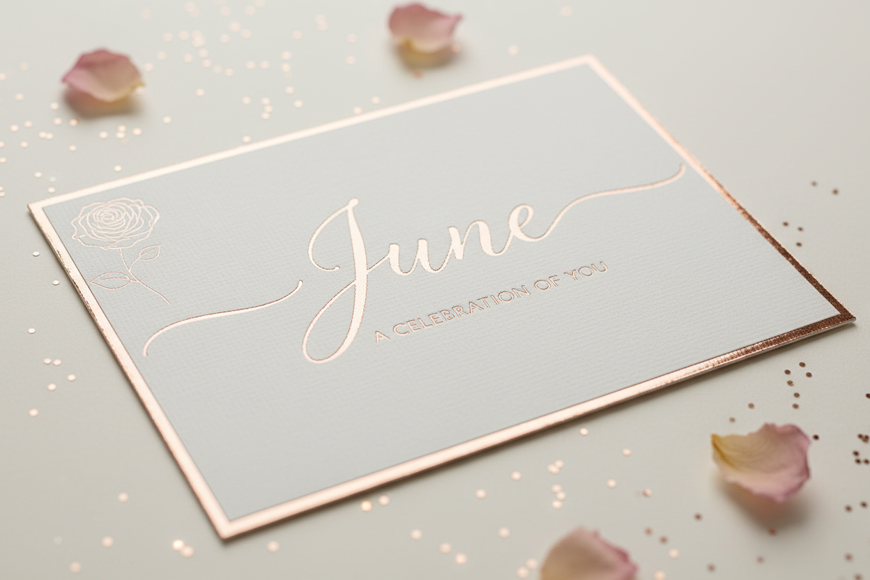 Personalized card with the name June on it in rose gold 
