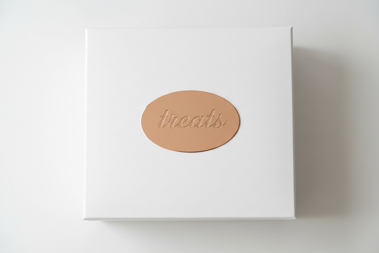 white box with treats label on on top in rose gold
